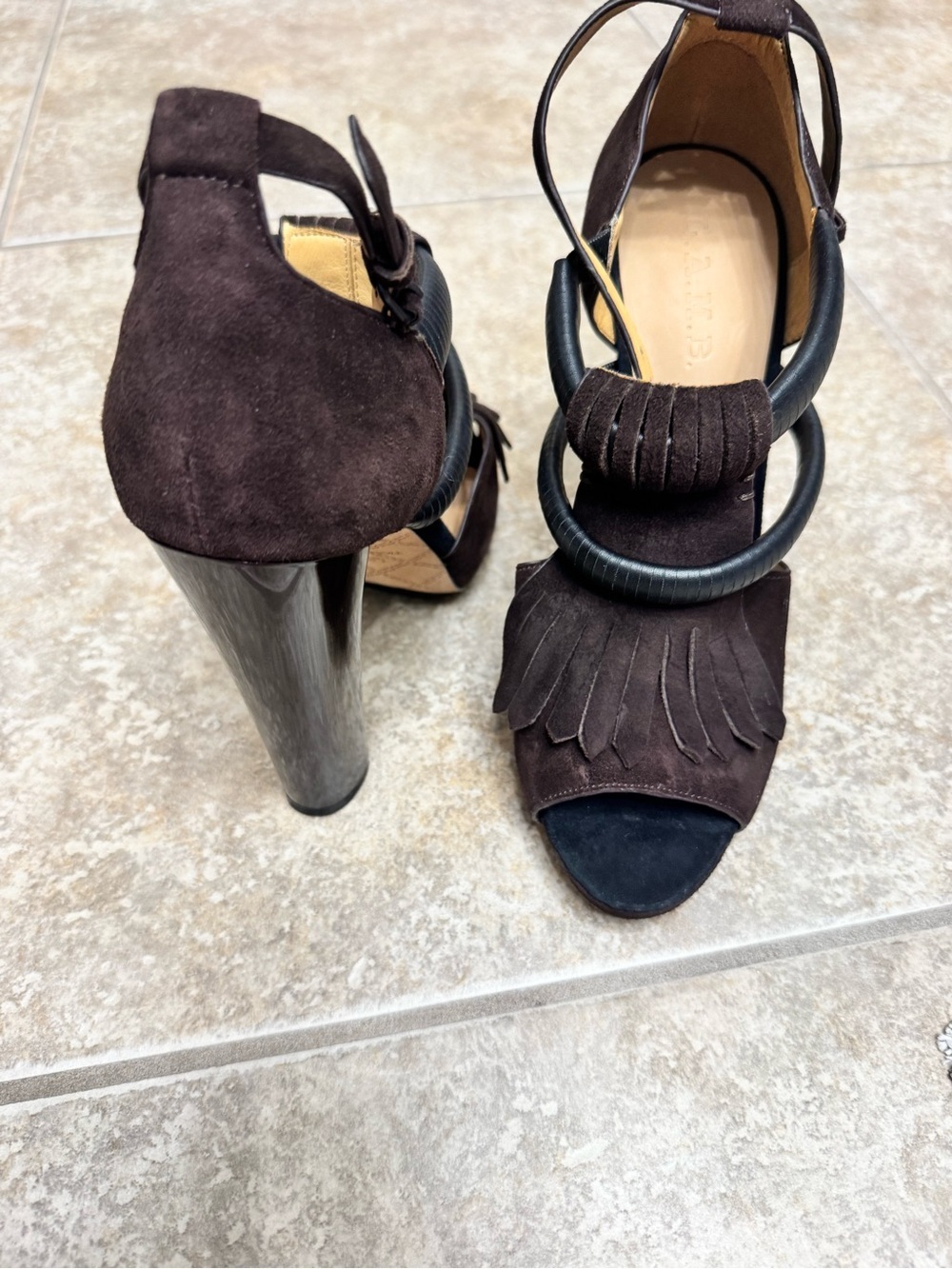 L.A.M.B. Black Brown Suede Fringe Platform Heel Sandals - Picture 5 of 7